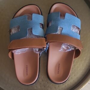 Denim and Tan Leather Sandals Sz 37/US 7